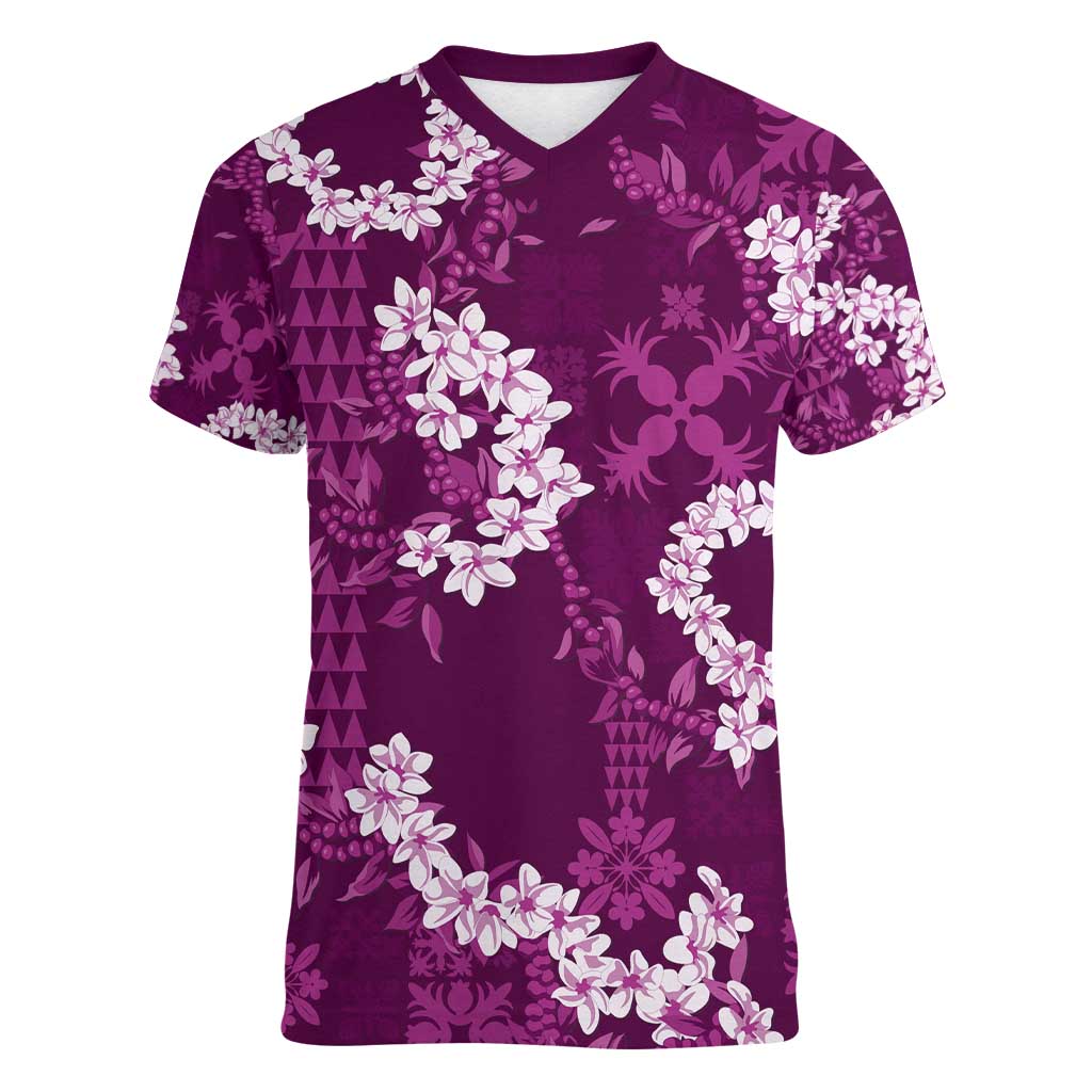 Mokihana Maile and Ilima Leis Women V-Neck T-Shirt Akala Hawaiian Tapa Quilt Pattern - Polynesian Pride