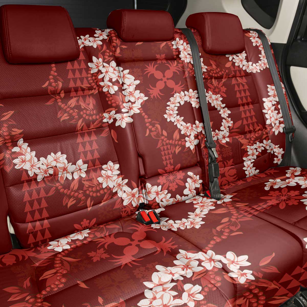 Mokihana Maile and Ilima Leis Back Car Seat Cover Ulaʻula Hawaiian Tapa Quilt Pattern - Polynesian Pride