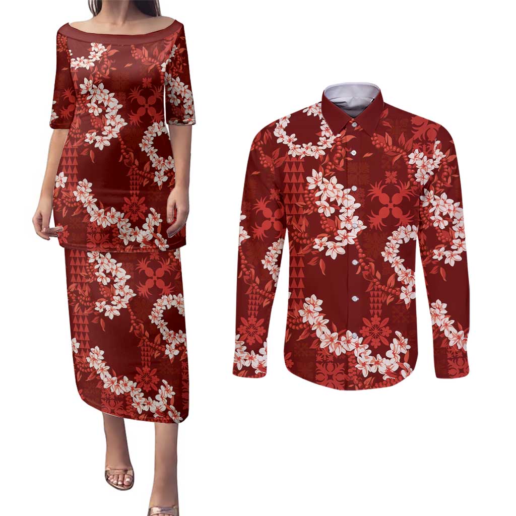 Mokihana Maile and Ilima Leis Couples Matching Puletasi and Long Sleeve Button Shirt Ulaʻula Hawaiian Tapa Quilt Pattern - Polynesian Pride