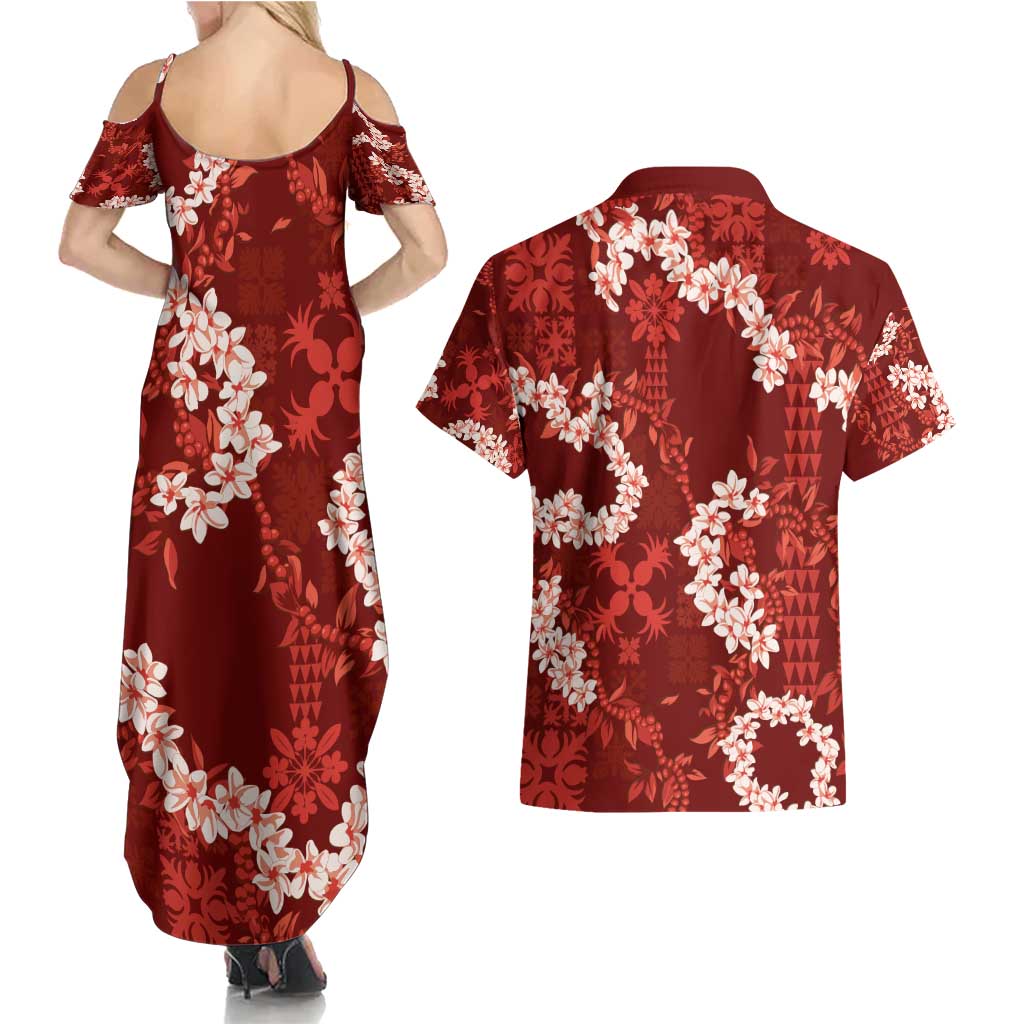 Mokihana Maile and Ilima Leis Couples Matching Summer Maxi Dress and Hawaiian Shirt Ulaʻula Hawaiian Tapa Quilt Pattern - Polynesian Pride