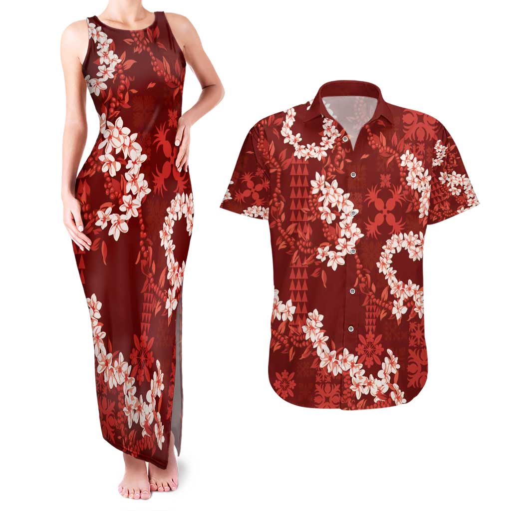 Mokihana Maile and Ilima Leis Couples Matching Tank Maxi Dress and Hawaiian Shirt Ulaʻula Hawaiian Tapa Quilt Pattern - Polynesian Pride