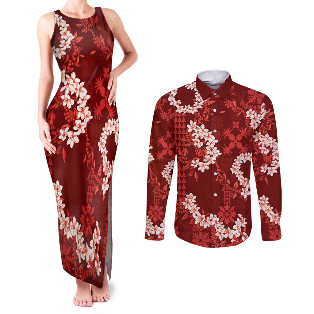 Mokihana Maile and Ilima Leis Couples Matching Tank Maxi Dress and Long Sleeve Button Shirt Ulaʻula Hawaiian Tapa Quilt Pattern - Polynesian Pride
