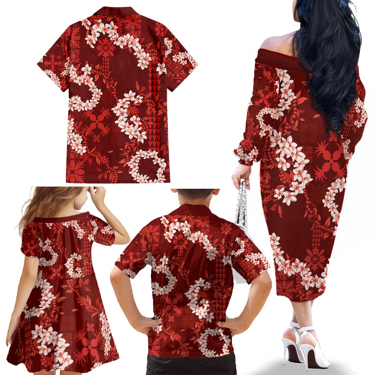 Mokihana Maile and Ilima Leis Family Matching Off The Shoulder Long Sleeve Dress and Hawaiian Shirt Ulaʻula Hawaiian Tapa Quilt Pattern - Polynesian Pride