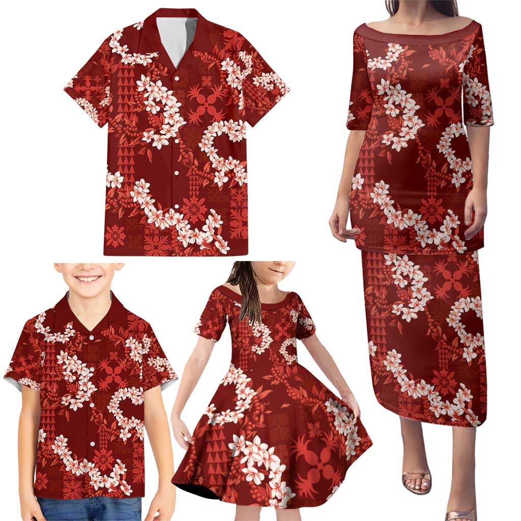 Mokihana Maile and Ilima Leis Family Matching Puletasi and Hawaiian Shirt Ulaʻula Hawaiian Tapa Quilt Pattern - Polynesian Pride