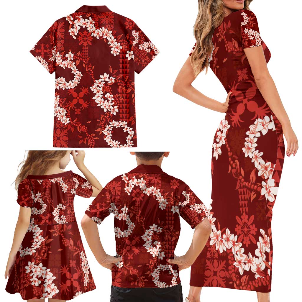 Mokihana Maile and Ilima Leis Family Matching Short Sleeve Bodycon Dress and Hawaiian Shirt Ulaʻula Hawaiian Tapa Quilt Pattern - Polynesian Pride