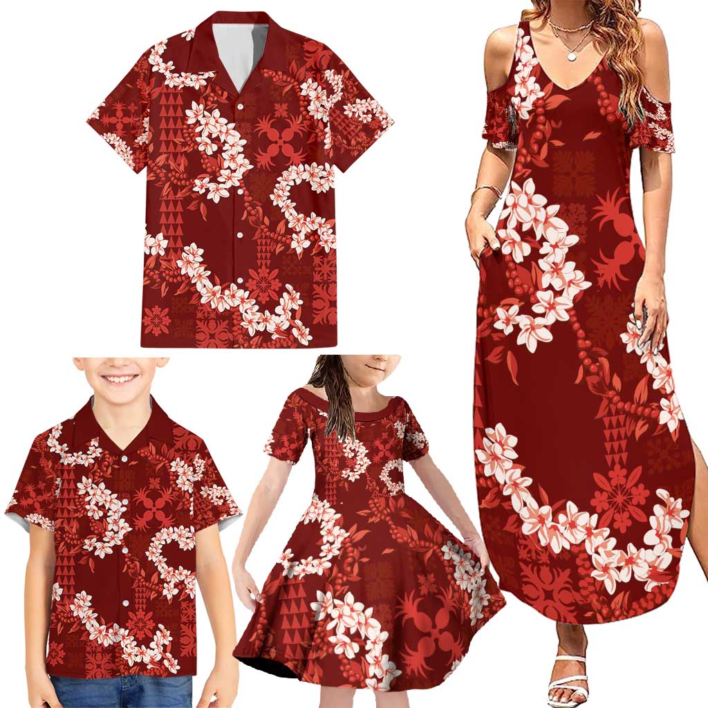 Mokihana Maile and Ilima Leis Family Matching Summer Maxi Dress and Hawaiian Shirt Ulaʻula Hawaiian Tapa Quilt Pattern - Polynesian Pride