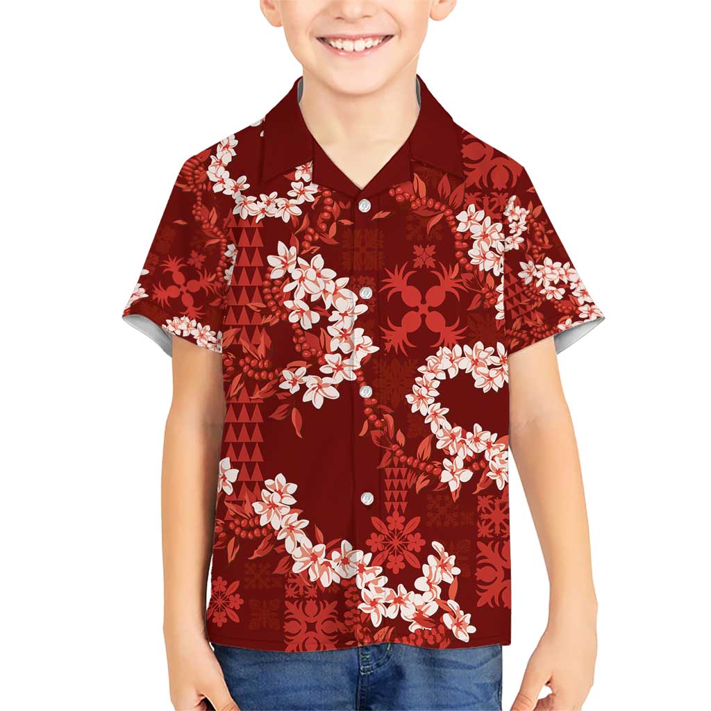 Mokihana Maile and Ilima Leis Kid Hawaiian Shirt Ulaʻula Hawaiian Tapa Quilt Pattern - Polynesian Pride