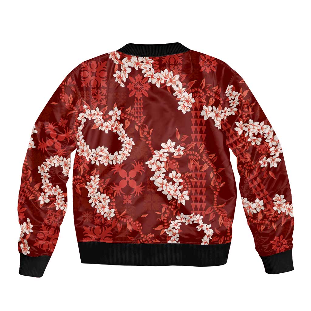 Mokihana Maile and Ilima Leis Sleeve Zip Bomber Jacket Ulaʻula Hawaiian Tapa Quilt Pattern - Polynesian Pride