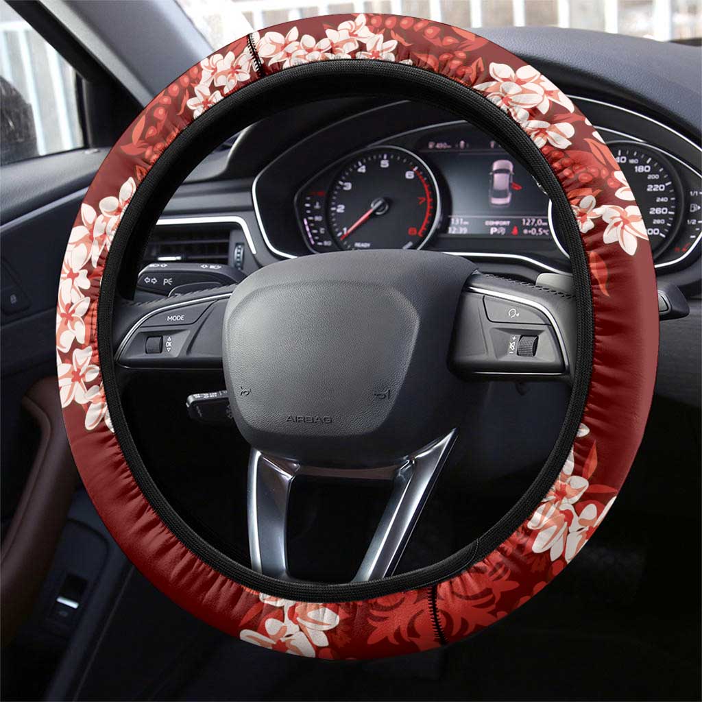 Mokihana Maile and Ilima Leis Steering Wheel Cover Ulaʻula Hawaiian Tapa Quilt Pattern - Polynesian Pride