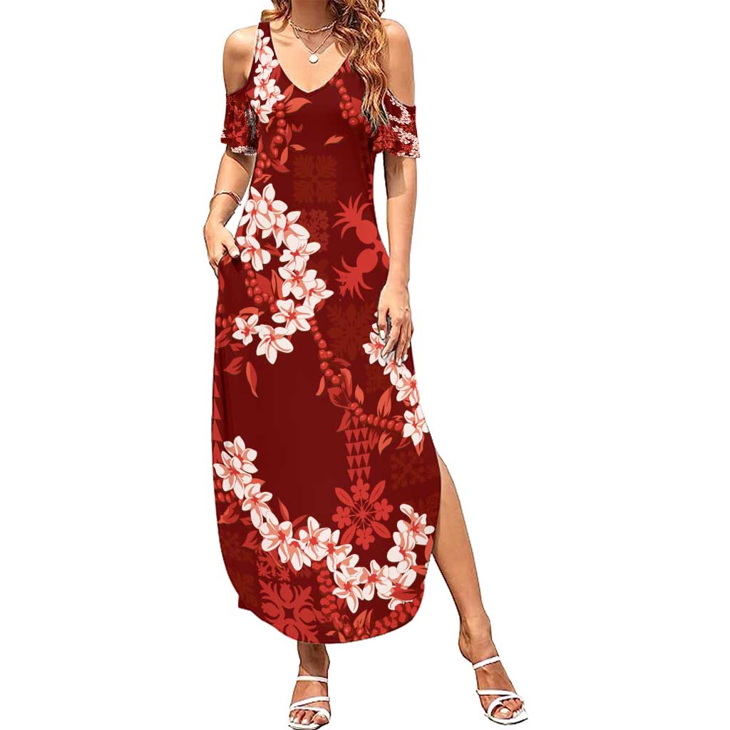 Mokihana Maile and Ilima Leis Summer Maxi Dress Ulaʻula Hawaiian Tapa Quilt Pattern - Polynesian Pride