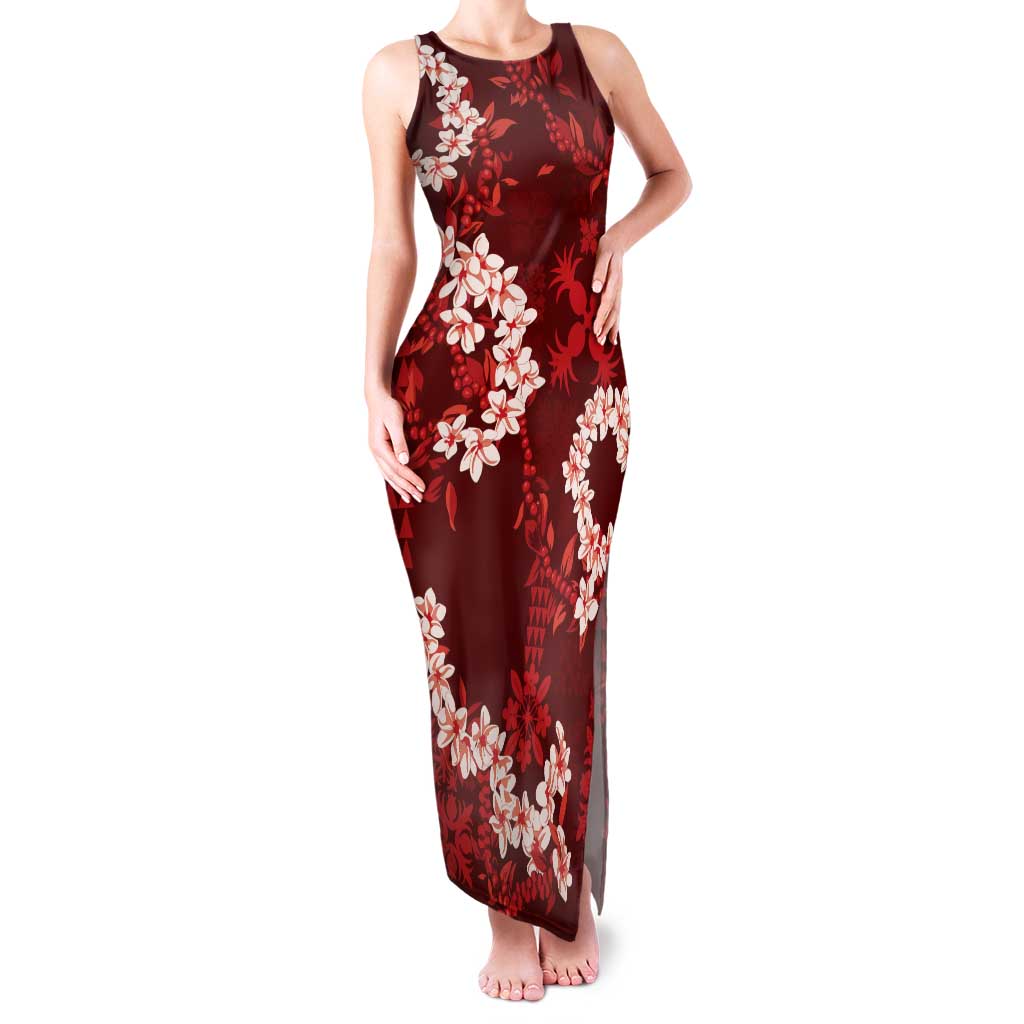 Mokihana Maile and Ilima Leis Tank Maxi Dress Ulaʻula Hawaiian Tapa Quilt Pattern - Polynesian Pride