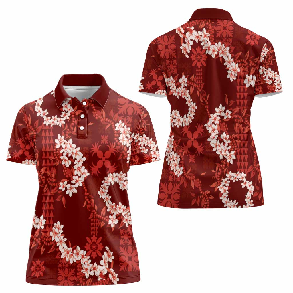 Mokihana Maile and Ilima Leis Women Polo Shirt Ulaʻula Hawaiian Tapa Quilt Pattern - Polynesian Pride