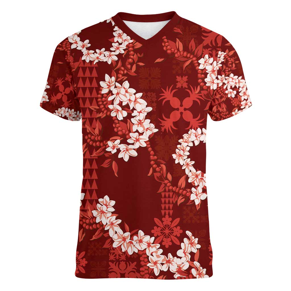 Mokihana Maile and Ilima Leis Women V-Neck T-Shirt Ulaʻula Hawaiian Tapa Quilt Pattern - Polynesian Pride