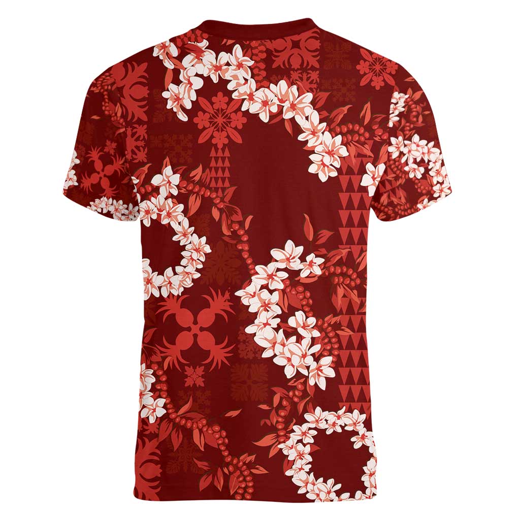 Mokihana Maile and Ilima Leis Women V-Neck T-Shirt Ulaʻula Hawaiian Tapa Quilt Pattern - Polynesian Pride