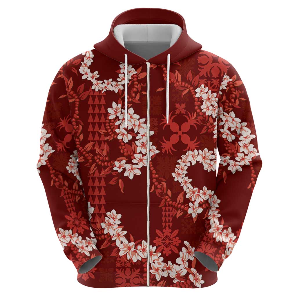 Mokihana Maile and Ilima Leis Zip Hoodie Ulaʻula Hawaiian Tapa Quilt Pattern - Polynesian Pride