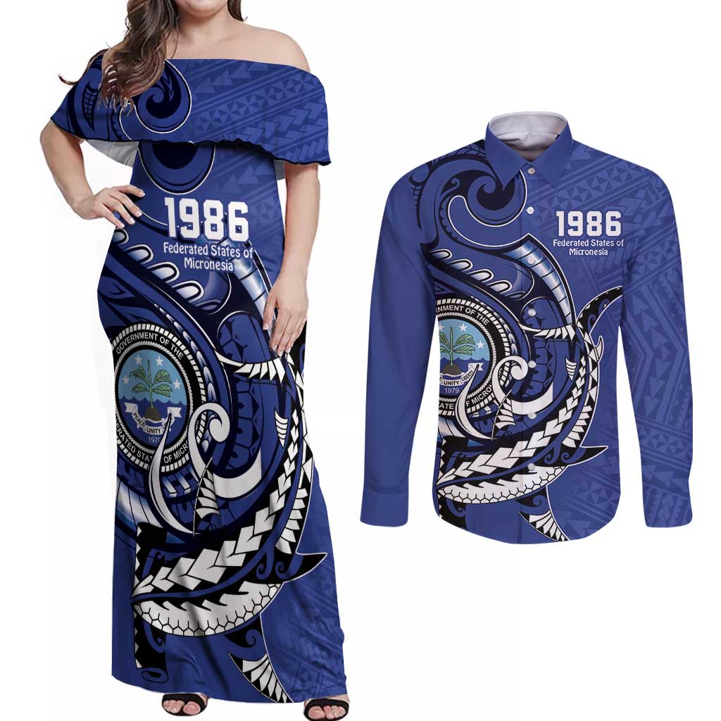 Personalized FSM 1986 Independence Day Couples Matching Off Shoulder Maxi Dress and Long Sleeve Button Shirt Polynesian Shark Tattoo Style LT9 Blue - Polynesian Pride