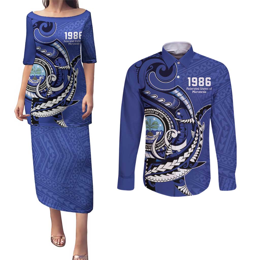 Personalized FSM 1986 Independence Day Couples Matching Puletasi and Long Sleeve Button Shirt Polynesian Shark Tattoo Style LT9 Blue - Polynesian Pride