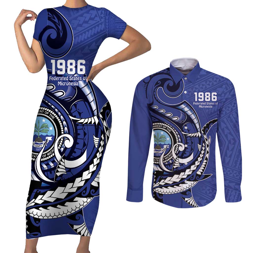 Personalized FSM 1986 Independence Day Couples Matching Short Sleeve Bodycon Dress and Long Sleeve Button Shirt Polynesian Shark Tattoo Style LT9 Blue - Polynesian Pride
