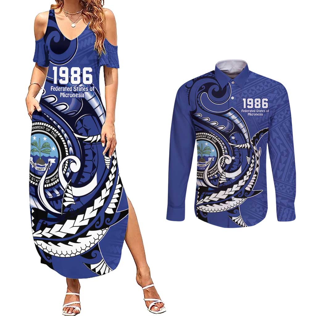 Personalized FSM 1986 Independence Day Couples Matching Summer Maxi Dress and Long Sleeve Button Shirt Polynesian Shark Tattoo Style LT9 Blue - Polynesian Pride