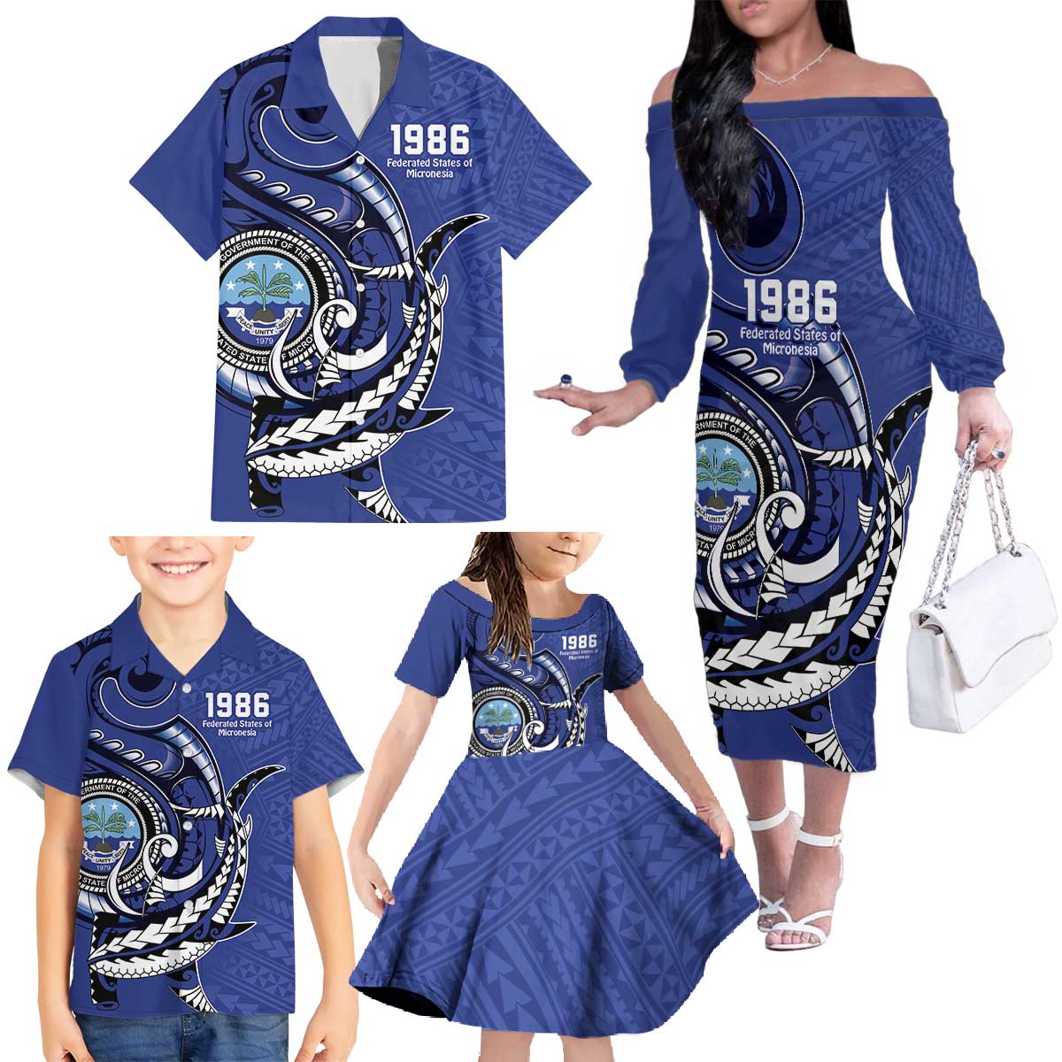 Personalized FSM 1986 Independence Day Family Matching Off The Shoulder Long Sleeve Dress and Hawaiian Shirt Polynesian Shark Tattoo Style LT9 - Polynesian Pride