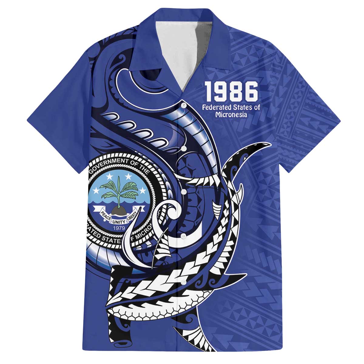 Personalized FSM 1986 Independence Day Family Matching Off The Shoulder Long Sleeve Dress and Hawaiian Shirt Polynesian Shark Tattoo Style LT9 Dad's Shirt - Short Sleeve Blue - Polynesian Pride