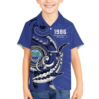 Personalized FSM 1986 Independence Day Family Matching Off The Shoulder Long Sleeve Dress and Hawaiian Shirt Polynesian Shark Tattoo Style LT9 Son's Shirt Blue - Polynesian Pride