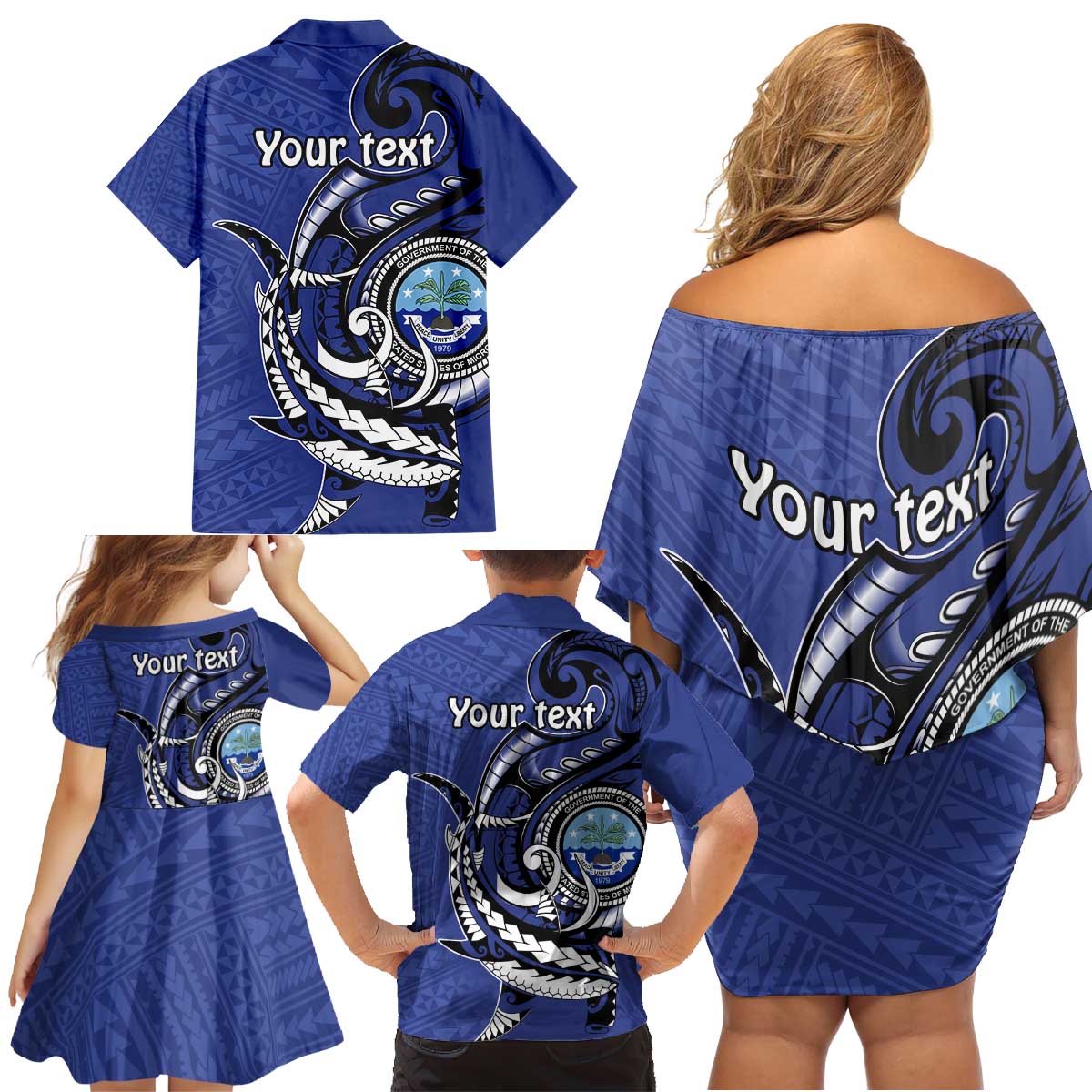 Personalized FSM 1986 Independence Day Family Matching Off Shoulder Short Dress and Hawaiian Shirt Polynesian Shark Tattoo Style