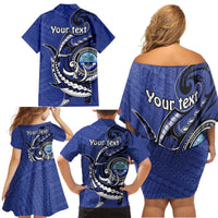 Personalized FSM 1986 Independence Day Family Matching Off Shoulder Short Dress and Hawaiian Shirt Polynesian Shark Tattoo Style