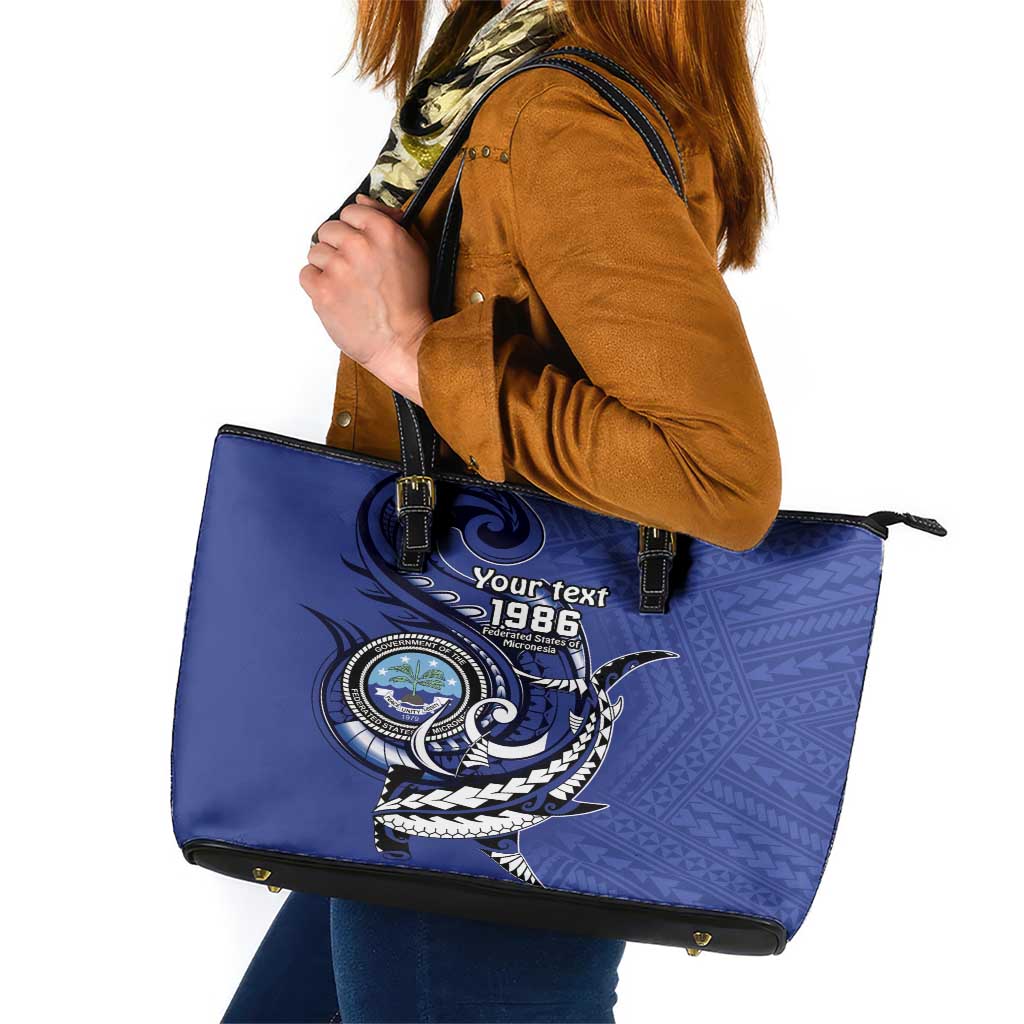 Personalized FSM 1986 Independence Day Leather Tote Bag Polynesian Shark Tattoo Style LT9 Blue - Polynesian Pride