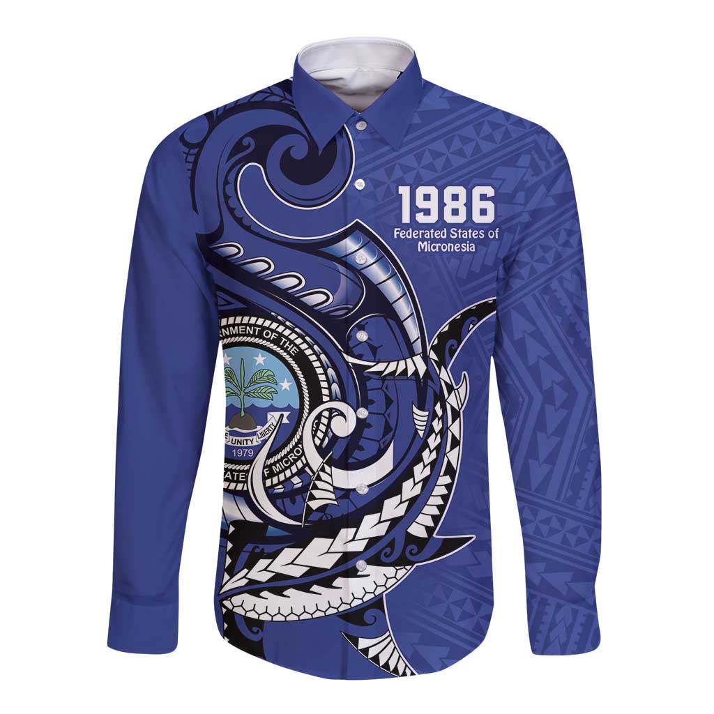Personalized FSM 1986 Independence Day Long Sleeve Button Shirt Polynesian Shark Tattoo Style LT9 Unisex Blue - Polynesian Pride