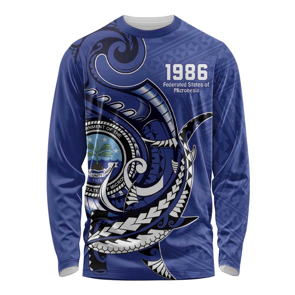 Personalized FSM 1986 Independence Day Long Sleeve Shirt Polynesian Shark Tattoo Style LT9 Unisex Blue - Polynesian Pride
