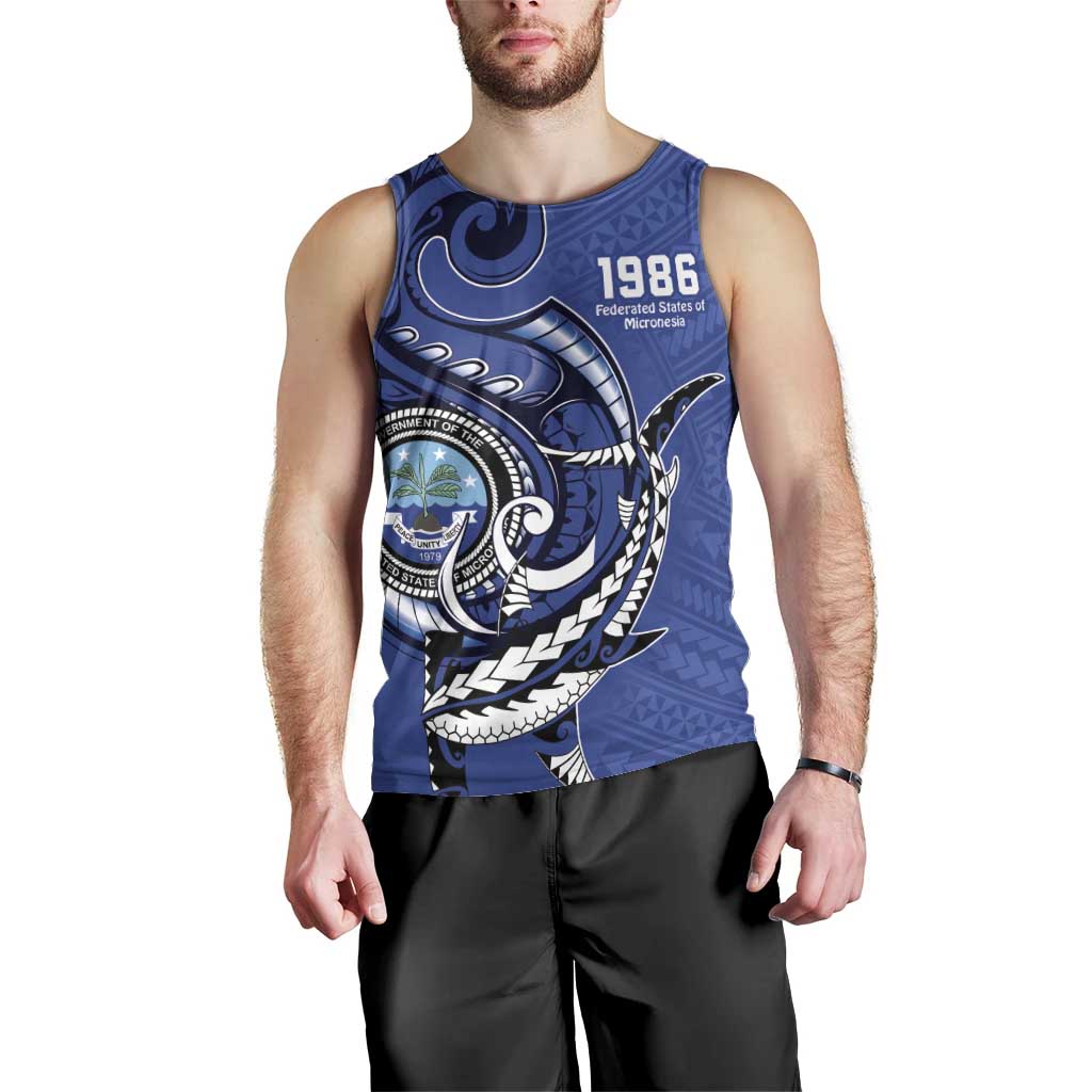 Personalized FSM 1986 Independence Day Men Tank Top Polynesian Shark Tattoo Style