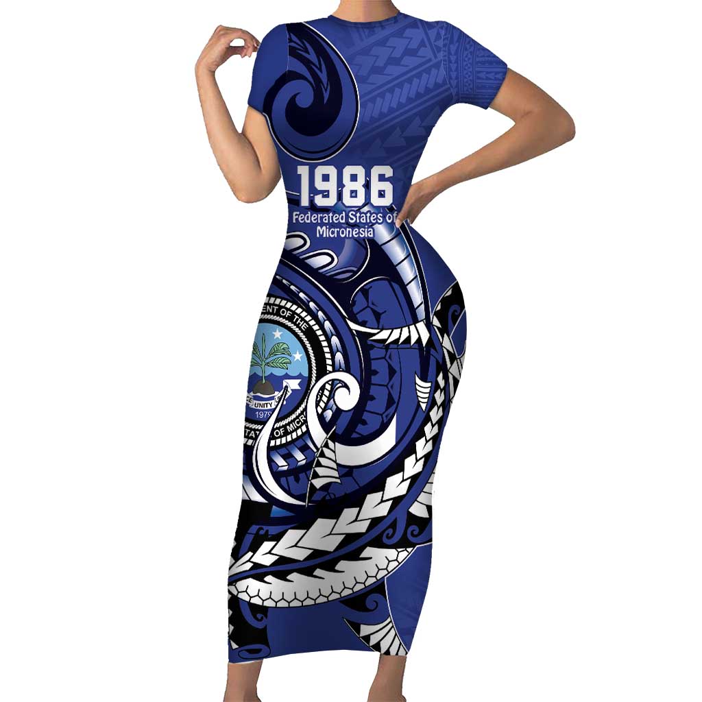 Personalized FSM 1986 Independence Day Short Sleeve Bodycon Dress Polynesian Shark Tattoo Style LT9 Long Dress Blue - Polynesian Pride