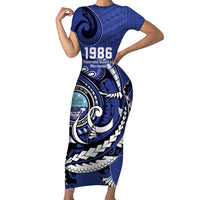 Personalized FSM 1986 Independence Day Short Sleeve Bodycon Dress Polynesian Shark Tattoo Style LT9 Long Dress Blue - Polynesian Pride