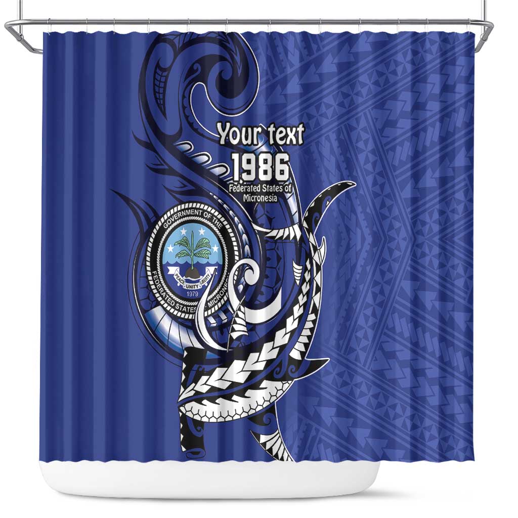 Personalized FSM 1986 Independence Day Shower Curtain Polynesian Shark Tattoo Style LT9 Blue - Polynesian Pride