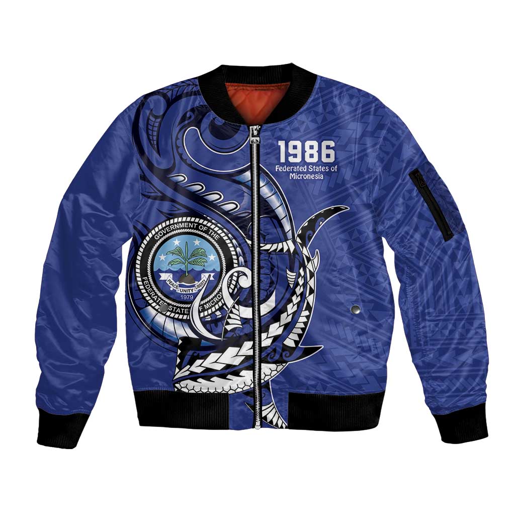 Personalized FSM 1986 Independence Day Sleeve Zip Bomber Jacket Polynesian Shark Tattoo Style LT9 Unisex Blue - Polynesian Pride