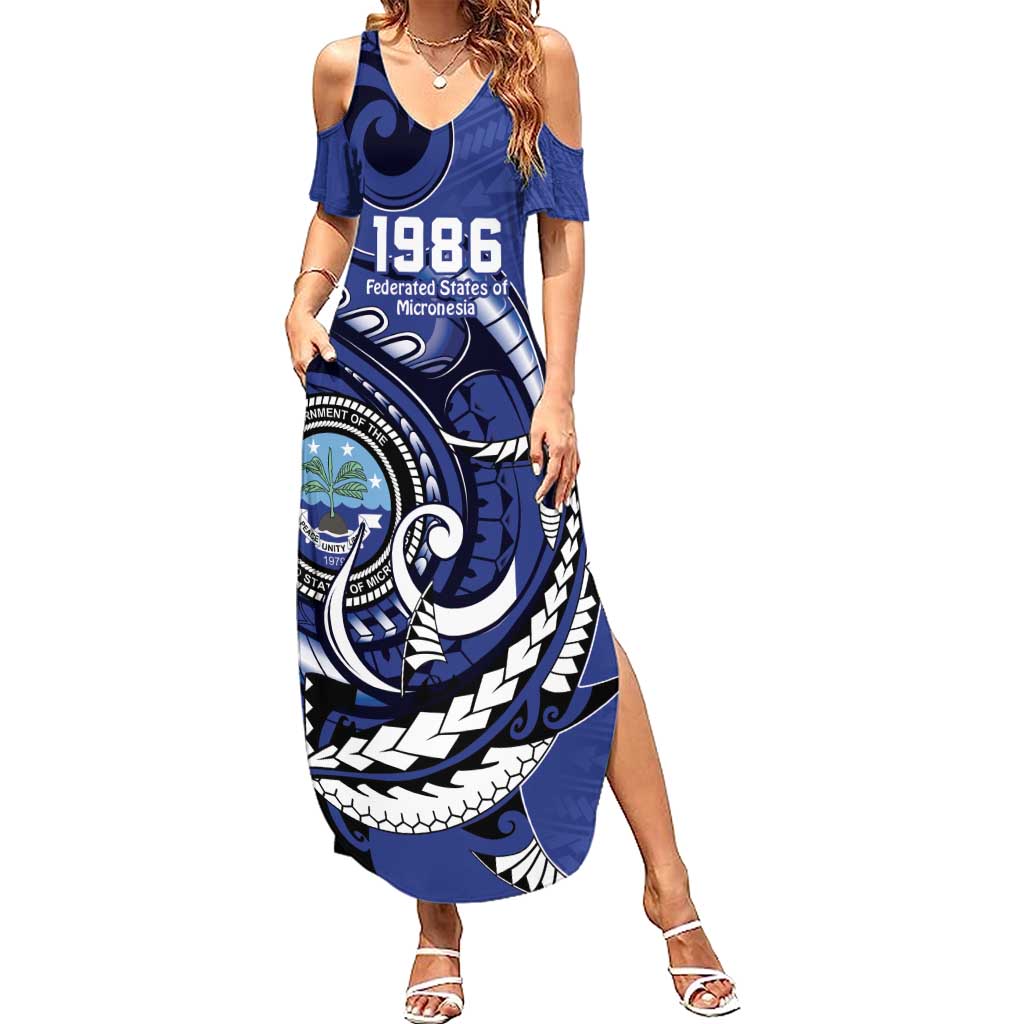 Personalized FSM 1986 Independence Day Summer Maxi Dress Polynesian Shark Tattoo Style LT9 Women Blue - Polynesian Pride