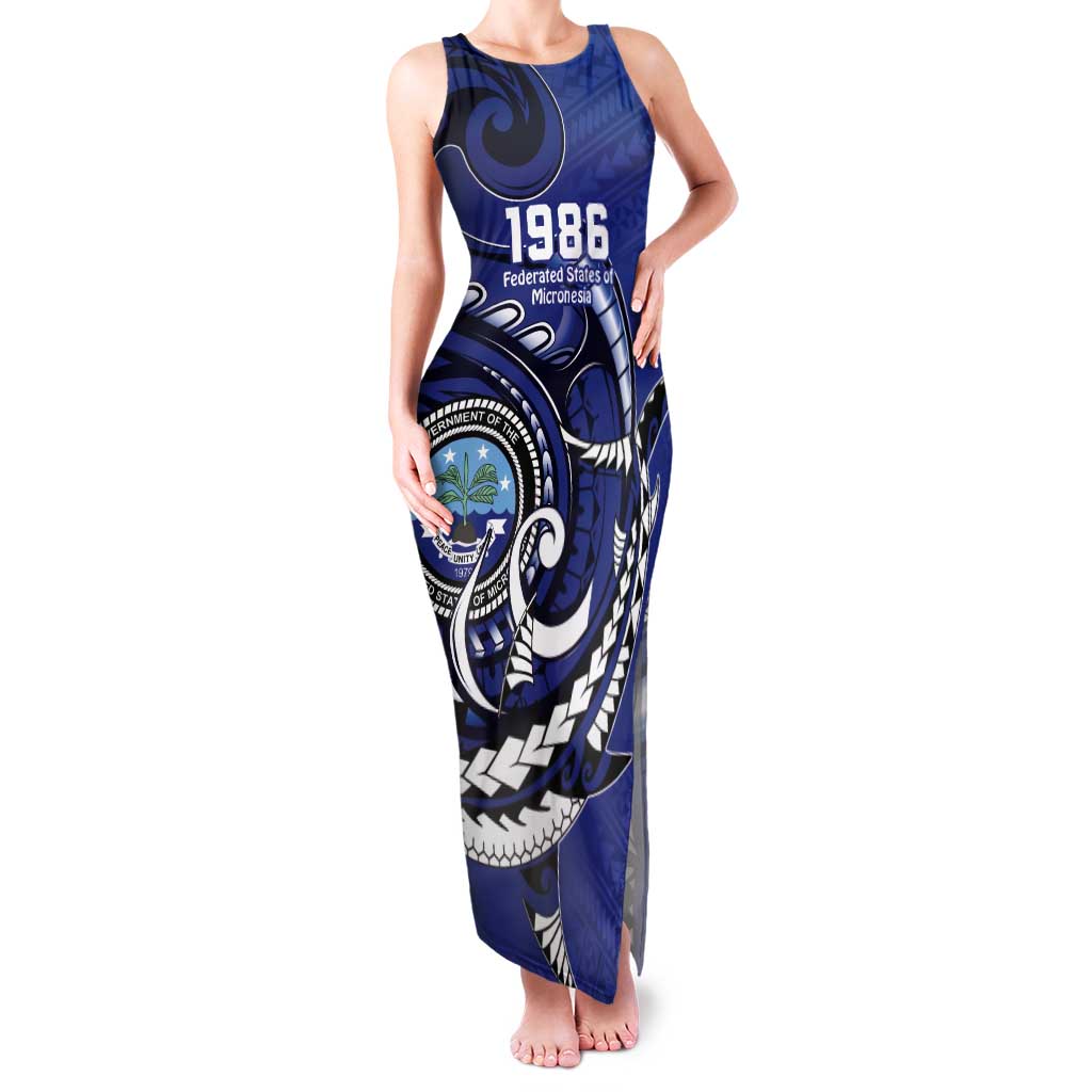 Personalized FSM 1986 Independence Day Tank Maxi Dress Polynesian Shark Tattoo Style LT9 Women Blue - Polynesian Pride