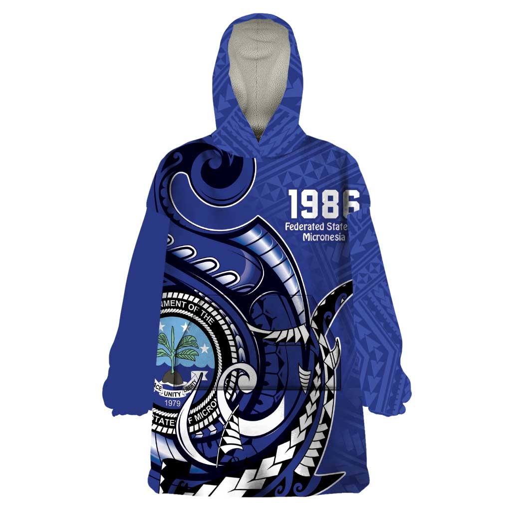 Personalized FSM 1986 Independence Day Wearable Blanket Hoodie Polynesian Shark Tattoo Style LT9 One Size Blue - Polynesian Pride