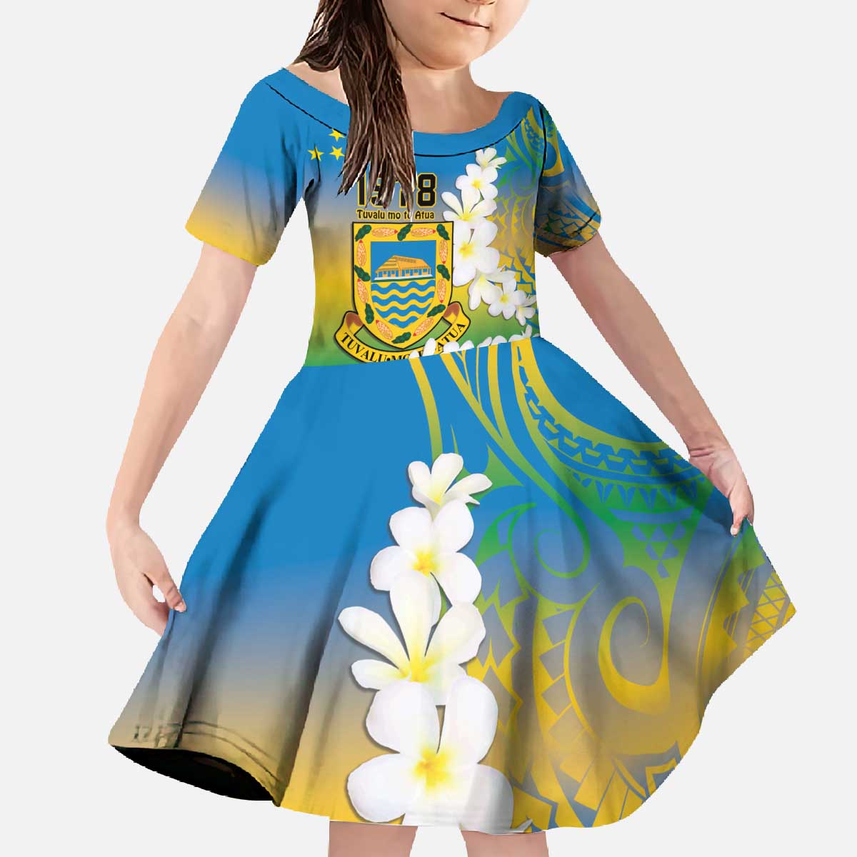 Personalised Tuvalu 1978 Independence Day Family Matching Off The Shoulder Long Sleeve Dress and Hawaiian Shirt Polynesian Plumeria Style LT9 Daughter's Dress Gradient - Polynesian Pride