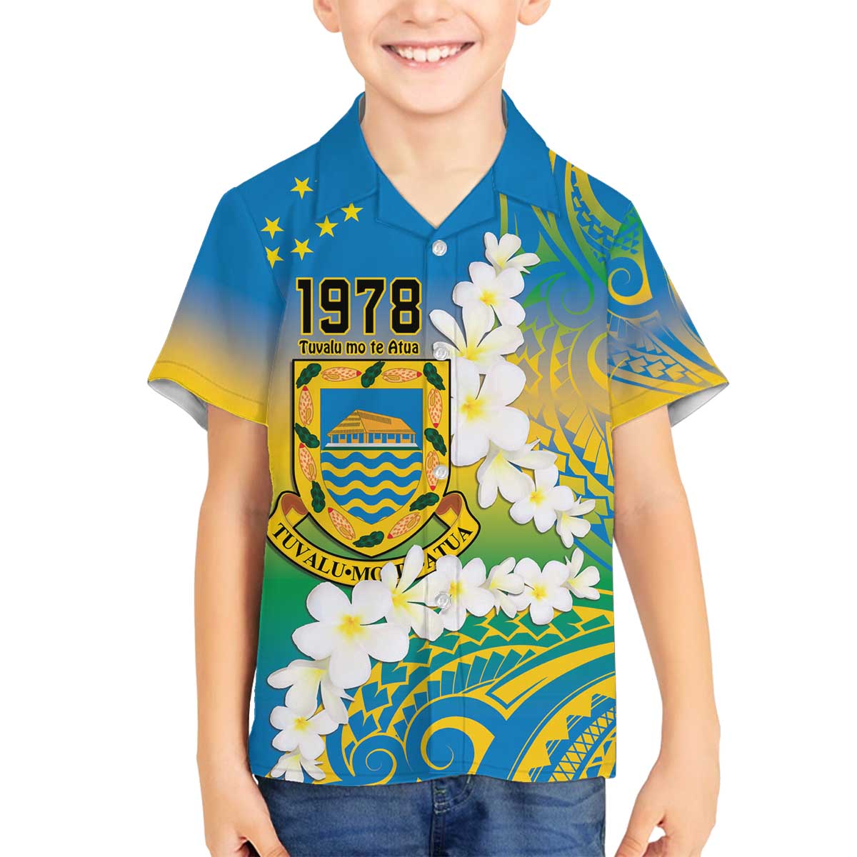 Personalised Tuvalu 1978 Independence Day Family Matching Off The Shoulder Long Sleeve Dress and Hawaiian Shirt Polynesian Plumeria Style LT9 Son's Shirt Gradient - Polynesian Pride