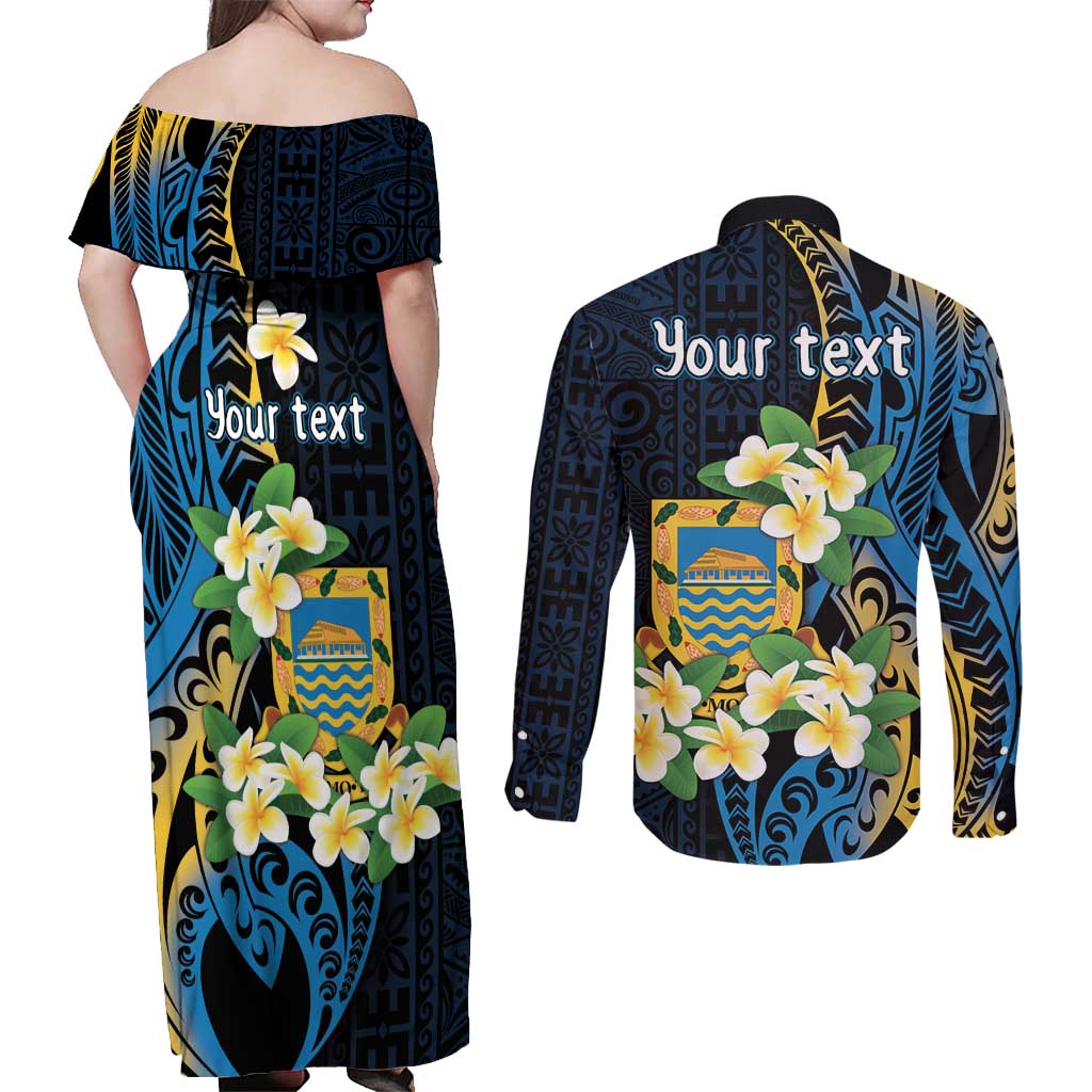 Personalised Tuvalu Beautiful Plumeria Flower Couples Matching Off Shoulder Maxi Dress and Long Sleeve Button Shirt