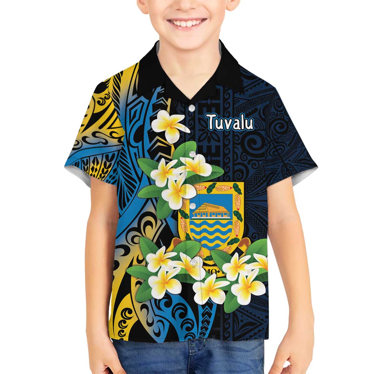Personalised Tuvalu Beautiful Plumeria Flower Family Matching Off The Shoulder Long Sleeve Dress and Hawaiian Shirt