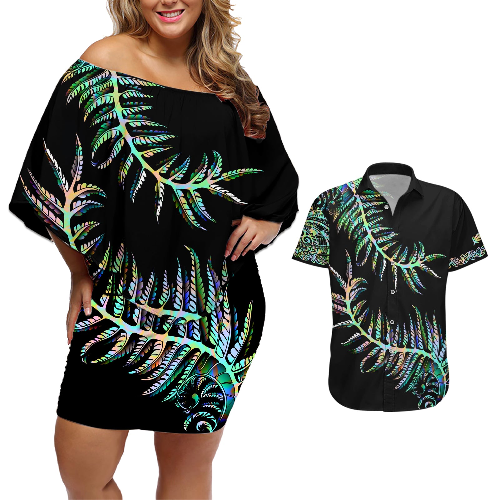 New Zealand Couples Matching Off Shoulder Short Dress and Hawaiian Shirt Aotearoa Silver Fern Mixed Papua Shell Green Vibe LT9 Green - Polynesian Pride