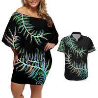 New Zealand Couples Matching Off Shoulder Short Dress and Hawaiian Shirt Aotearoa Silver Fern Mixed Papua Shell Green Vibe LT9 Green - Polynesian Pride