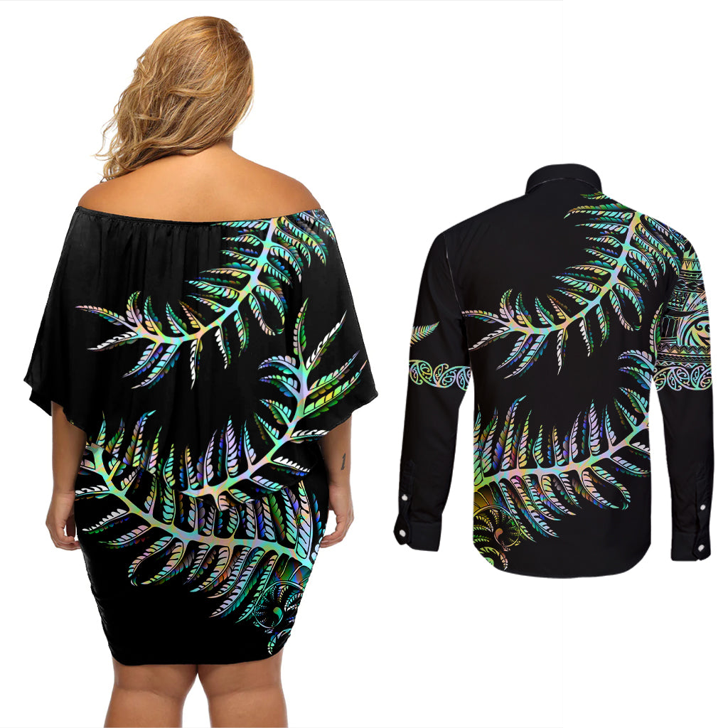 New Zealand Couples Matching Off Shoulder Short Dress and Long Sleeve Button Shirt Aotearoa Silver Fern Mixed Papua Shell Green Vibe LT9 - Polynesian Pride