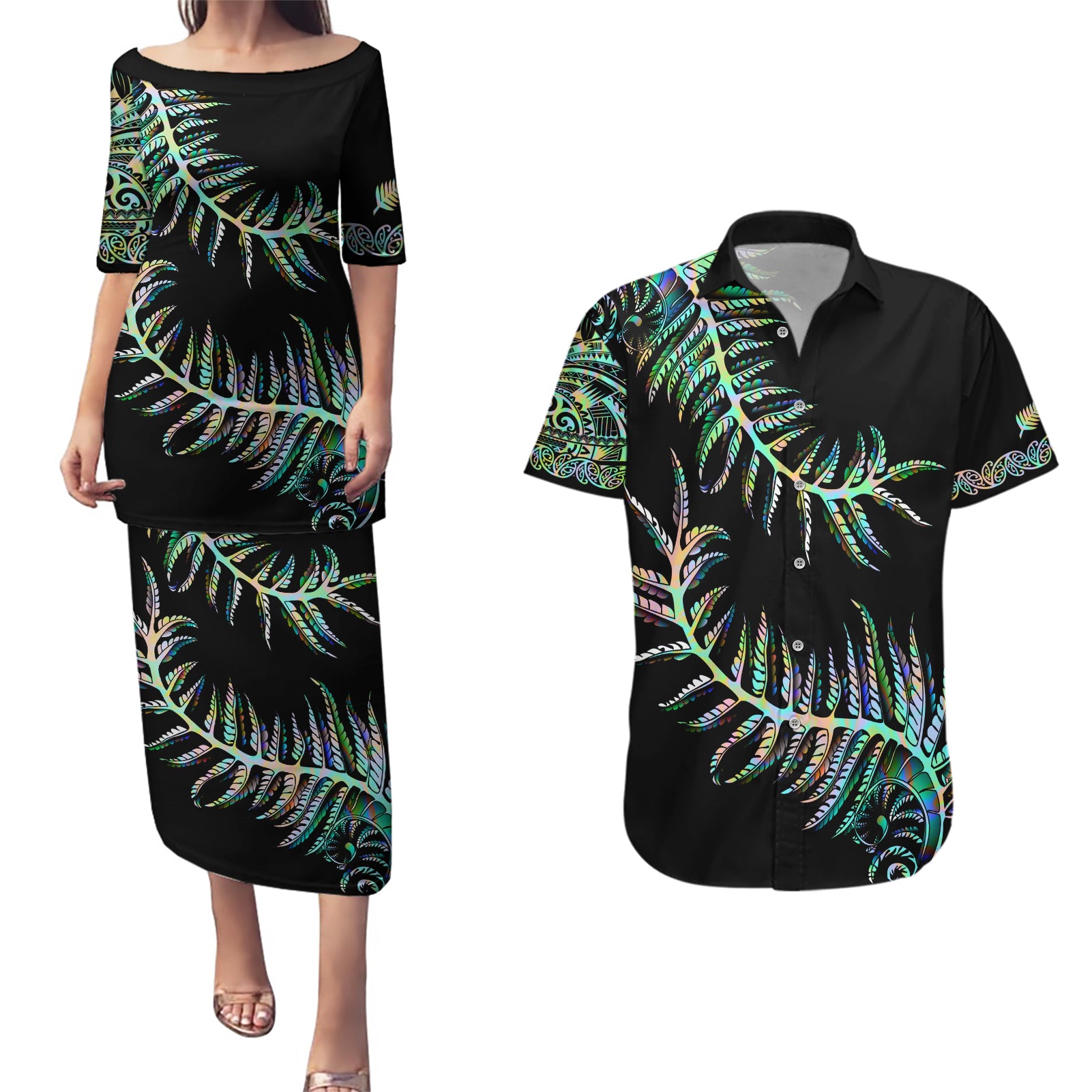 New Zealand Couples Matching Puletasi Dress and Hawaiian Shirt Aotearoa Silver Fern Mixed Papua Shell Green Vibe LT9 Green - Polynesian Pride