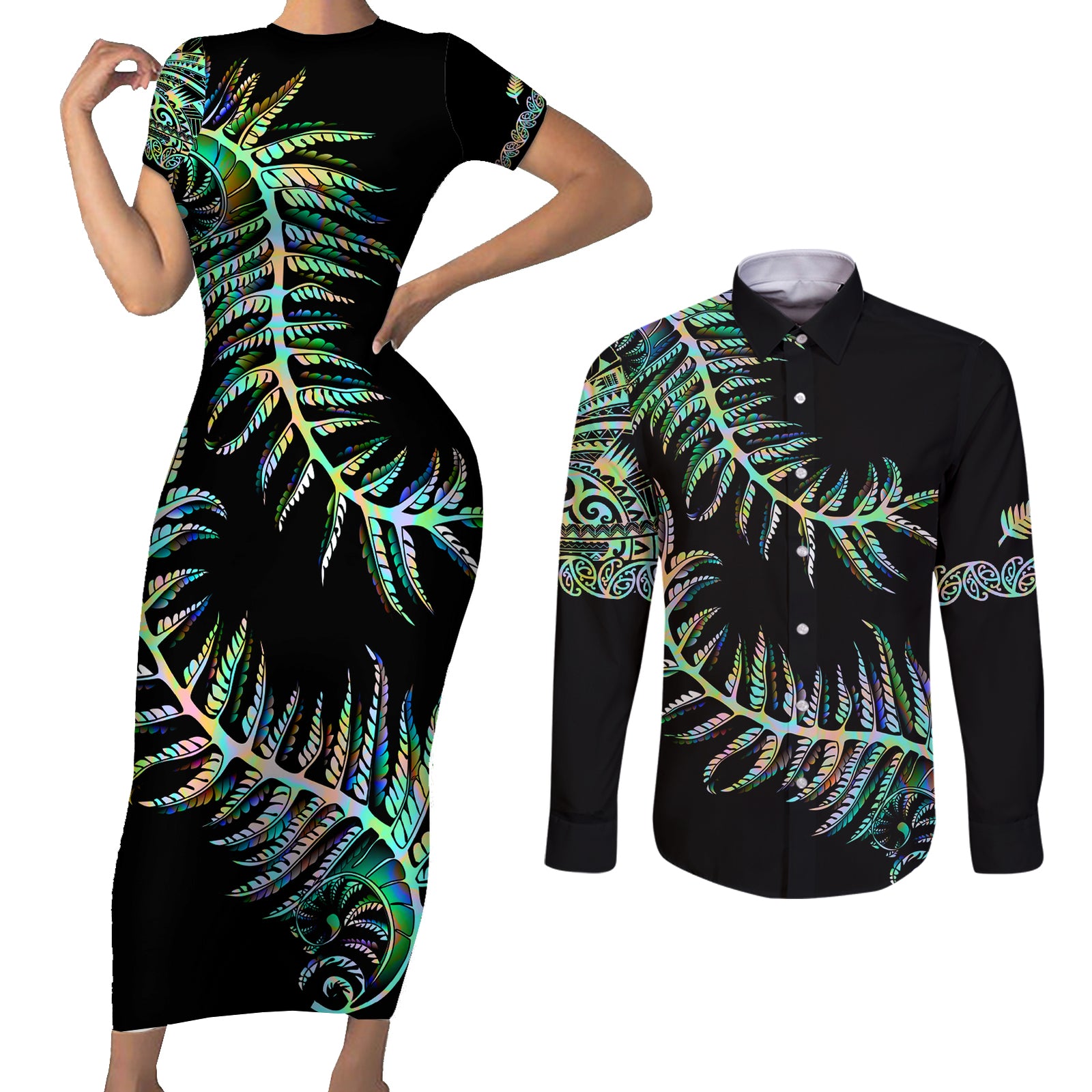 New Zealand Couples Matching Short Sleeve Bodycon Dress and Long Sleeve Button Shirt Aotearoa Silver Fern Mixed Papua Shell Green Vibe LT9 Green - Polynesian Pride