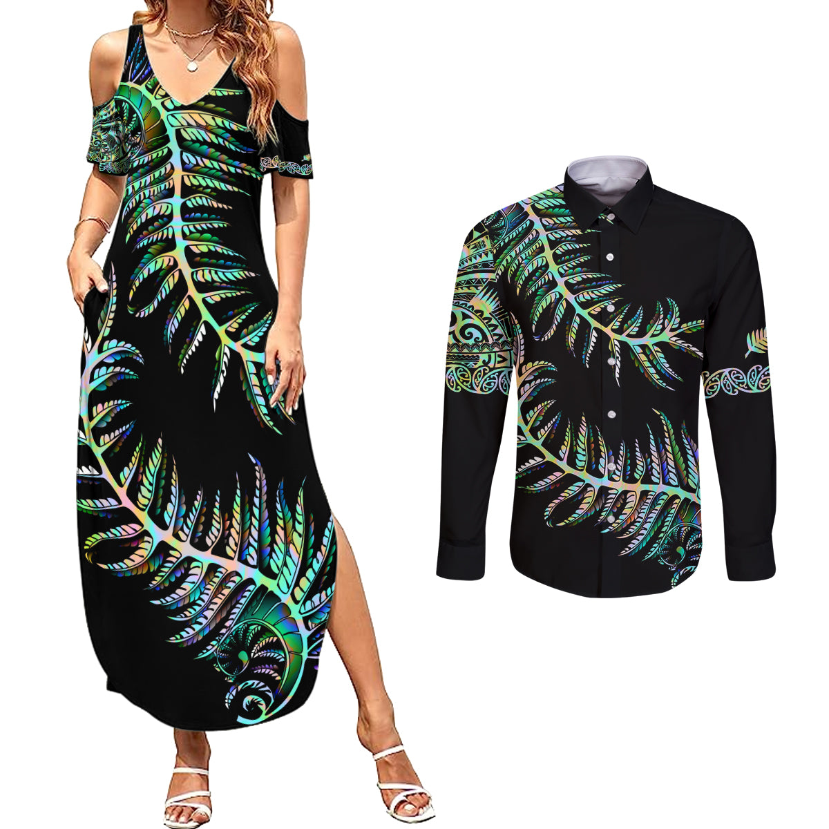 New Zealand Couples Matching Summer Maxi Dress and Long Sleeve Button Shirt Aotearoa Silver Fern Mixed Papua Shell Green Vibe LT9 Green - Polynesian Pride