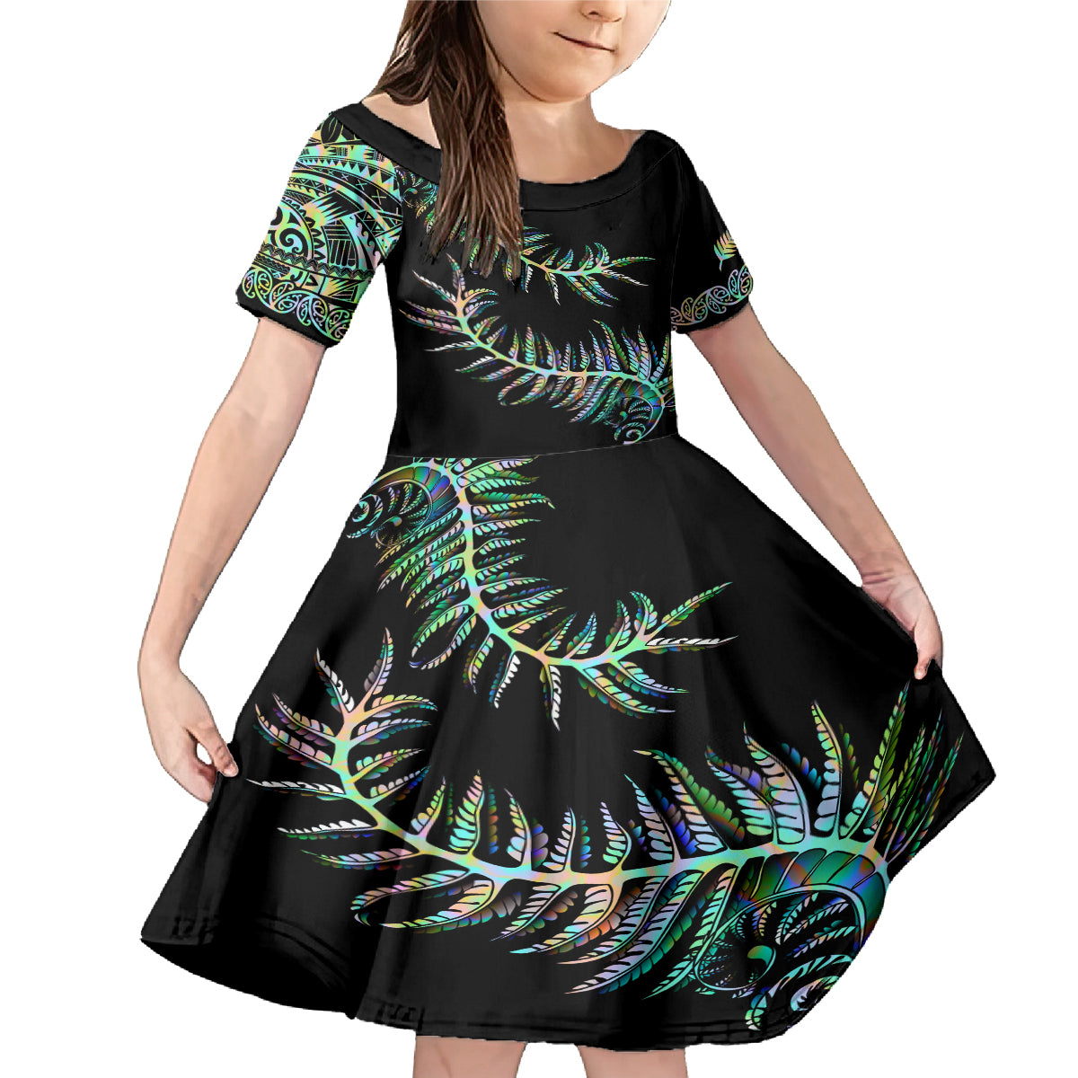 New Zealand Family Matching Mermaid Dress and Hawaiian Shirt Aotearoa Silver Fern Mixed Papua Shell Green Vibe LT9 Daughter's Dress Green - Polynesian Pride